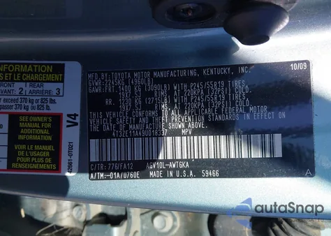 2009 Toyota Venza z USA, uszkodzony, nr VIN 4T3ZE11A49U018337